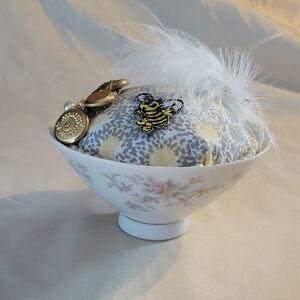 Floral Ceramic Cup.  Pin Cushion. Hand Made